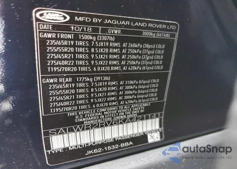 2019 Land Rover Range Rover Sport Hse из США, поврежденный, VIN SALWR2RV6KA421141